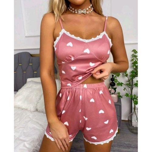 Kadın Pudra Kalp Desenli Seksi Gecelik Takım 6641