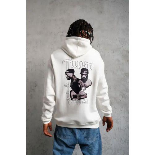 Erkek Kol Ve Etek Ribana Baskılı Kapüşonlu Sweat - Beyaz