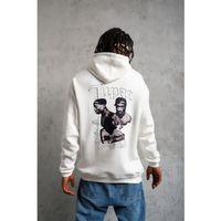 Erkek Kol Ve Etek Ribana Baskılı Kapüşonlu Sweat - Beyaz