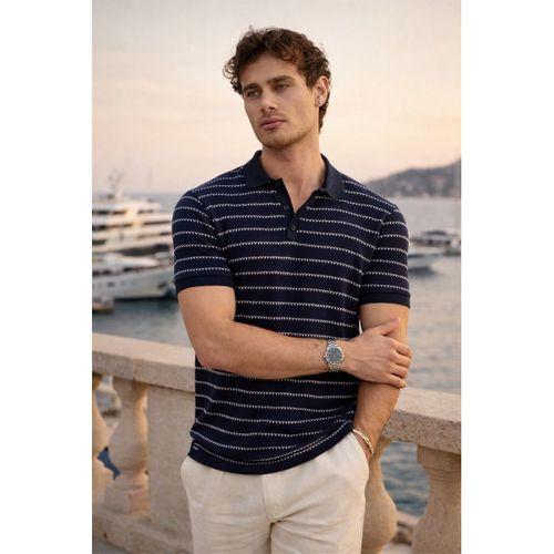 Nordic Desenli Örme Kumaş Viskon Erkek T-Shirt - Lacivert