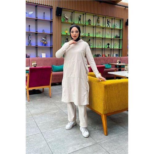 Kapşonlu Yandat Çıtçıtlı Sade Basic Uzun Tunik ve Pantolon İkili Spor Takım - 03071.027 - Ekru