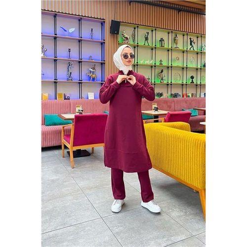 Dik Yaka Kısa Fermuarlı Yırtmaçlı Sade Basic Uzun Tunik ve Pantolon İkili Spor Takım - 03062.009 - Bordo