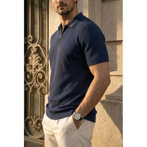 Jeff Selanik Örgü Polo Yaka Yarım Fermuarlı İnce Triko Erkek T-Shirt - Lacivert