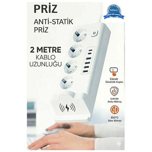 Akım Korumalı Priz Ve Masaüstü Şarj İstasyonu Kablosuz 4 Priz ,4 Usb, 2 Type-c Girişli 2 Metre