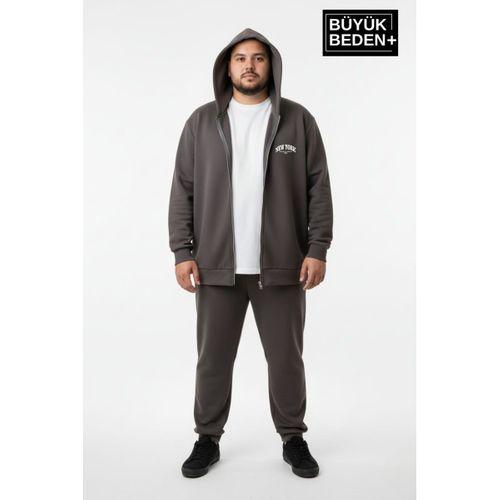 Erkek Büyük Beden Fermuarlı Kapüşonlu New York Baskılı Sweatshirt Hırka SPR26BHR923