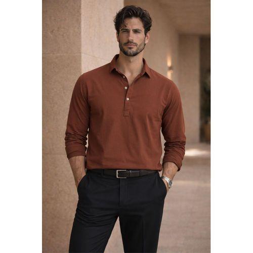 Yarım Pat Yakalı York Pamuk Kumaşlı Uzun Kollu Erkek Gömlek - Koyu Kahve