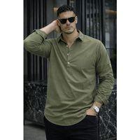 Yarım Pat Yakalı York Pamuk Kumaşlı Uzun Kollu Erkek Gömlek - Açık Haki