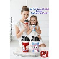 Çocuk Pipetli Bardak Seti 2'li Unicorn & Kedi Figürlü İkili Eğlenceli Kapaklı Suluk Matara 300 ml