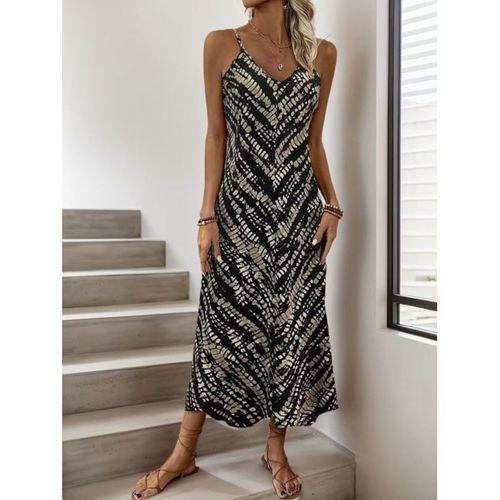 Kadın Ip Askılı V Yakalı Desenli Uzun Süprem Elbise
