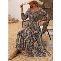 Kadın Düşük Omuzlu Beli Büzgülü Dijital Desenli Kesik Elyaf Süprem Uzun Elbise