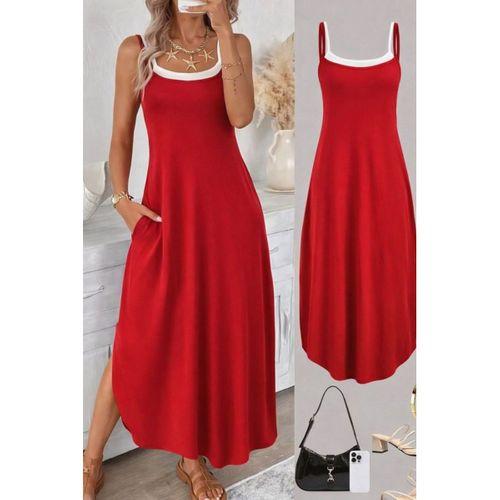 Kadın Ip Askılı Yuvarlak Yakalı Cepli Uzun Viskon Elbise