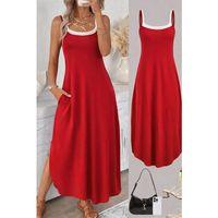 Kadın Ip Askılı Yuvarlak Yakalı Cepli Uzun Viskon Elbise