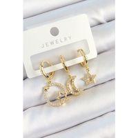 Pirinç Zirkon Taşlı Yıldız Ve Ay Model Gold Renk 3'lü Kadın Küpe Set