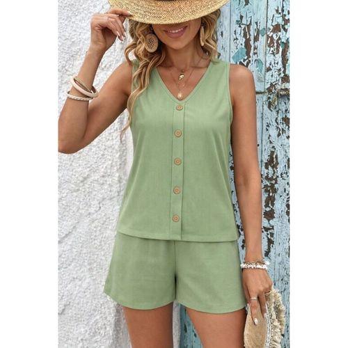 Kadın Askılı Kolsuz V Yakalı önden Düğmeli Bürümcük Bluz Ve Short Ikili Takım