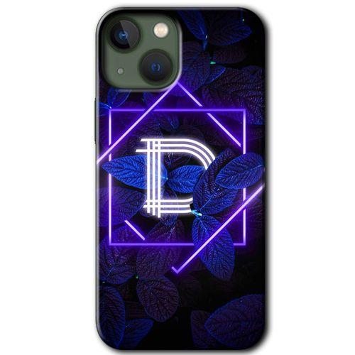 MRCİLETİSİM iPhone 13 Mini Kılıf HD Desen Baskılı Arka Kapak + Temperli Cam - Dark Neon Yaprak D Harfi
