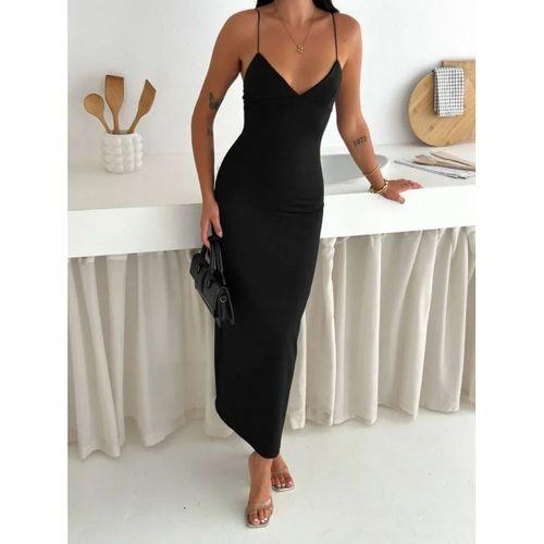 Askılı Uzun Elbise V Yaka Şık Gece Elbisesi Vücuda Oturan - Siyah