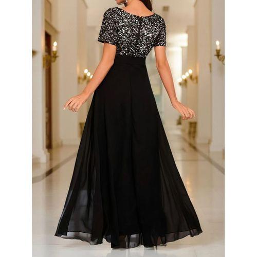 Kadın Kısa Kollu Derin V Yakalı A Kesim Pulpayet Detaylı şifon Nedime Elbisesi