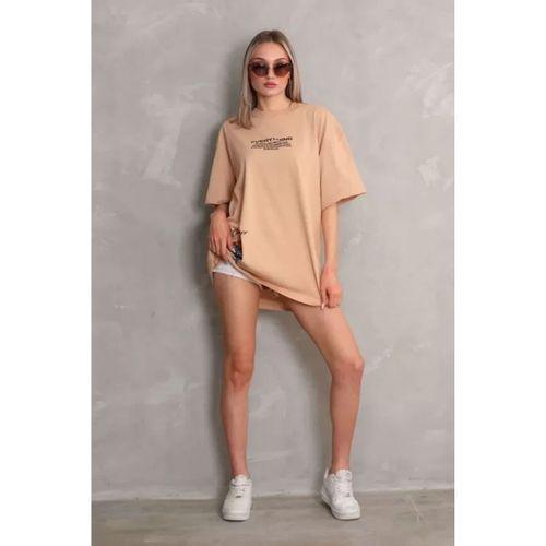 Pilelistore Unisex Bisiklet Yaka Baskılı Oversize T-Shirt - Bej