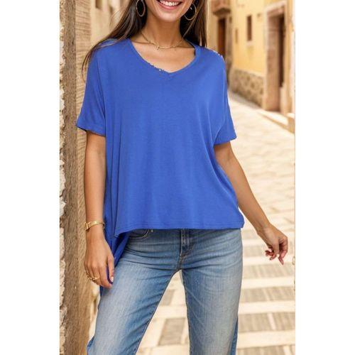 bvea store Kadın Moda Rahat Mevsimlik V Yaka Salaş Tişört Saks