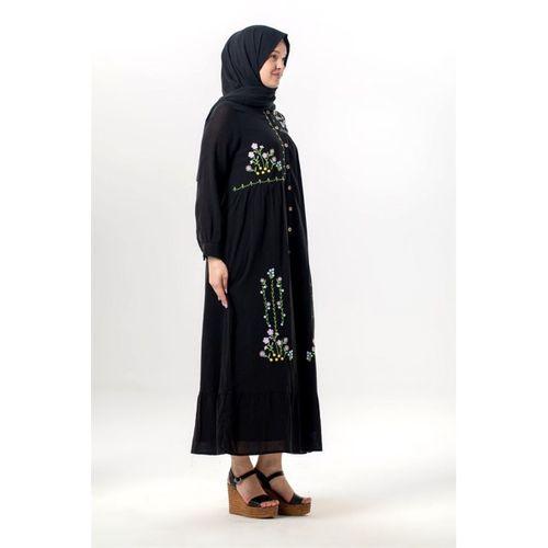 Uzun Kol Neşe Nakış Detaylı Boydan Düğmeli Yazlık Şile Bezi Uzun Elbise Siyah Syh