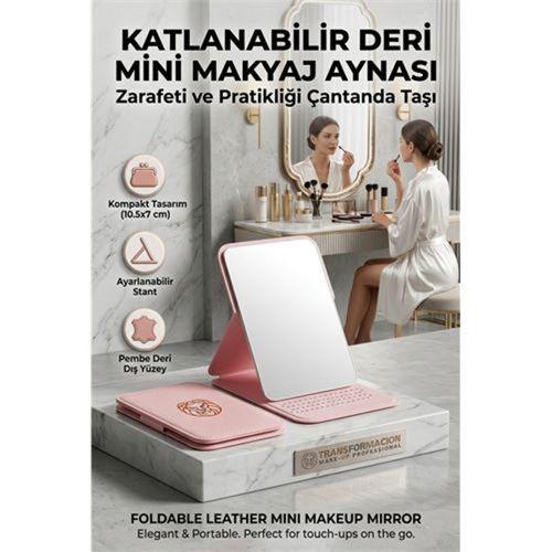 Katlanabilir Stantlı Makyaj Aynası | Pembe Deri Çanta Boyu Mini Ayna 723190
