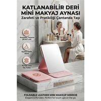 Katlanabilir Stantlı Makyaj Aynası | Pembe Deri Çanta Boyu Mini Ayna 723190