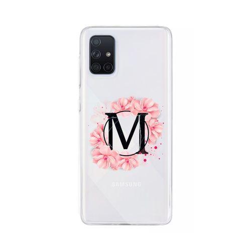 Samsung A71 Pembe Çiçek Desen M Harfli Şeffaf Kılıf