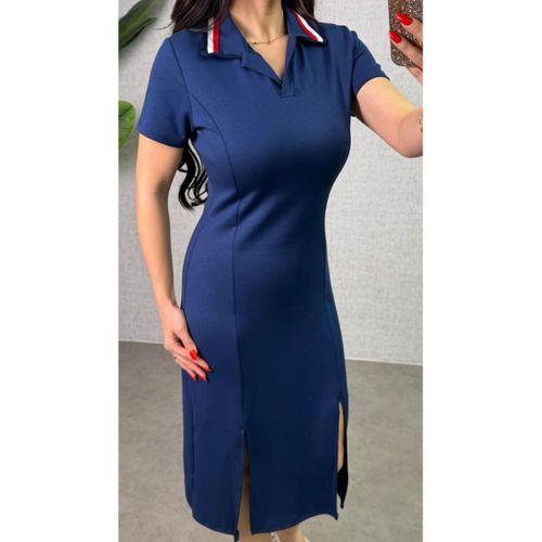 Kadın Polo Yaka çift Yırtmaç Detay Modal Kumaş Midi Boy Elbise