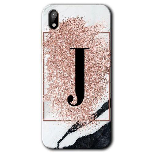 MRCİLETİSİM Huawei Y5 2019 Kılıf HD Desen Baskılı Arka Kapak + Temperli Cam - Pembe Mermer Desenli J Harfi