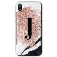 MRCİLETİSİM Huawei Y5 2019 Kılıf HD Desen Baskılı Arka Kapak + Temperli Cam - Pembe Mermer Desenli J Harfi