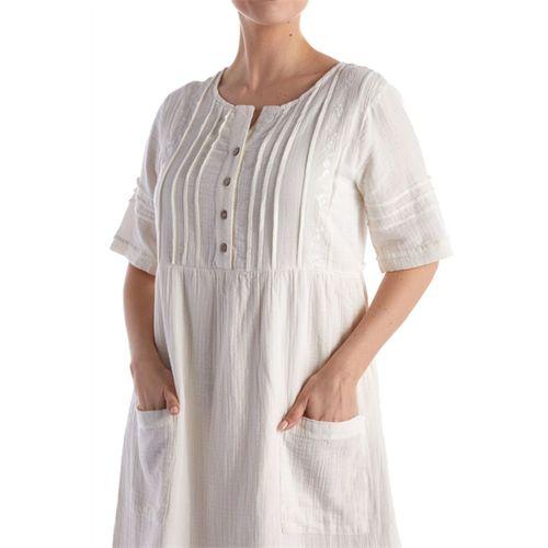 Kısa Kol Kırık Beyaz Kare Yaka Cep Detaylı Midi Boy Müslin Yazlık Elbise