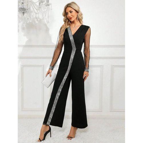 Kadın Uzun V Yakalı önden Pulpayet Detaylı Tüllü Uzun Ithal Krep Tulum