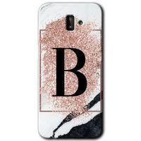 Samsung Galaxy J8 HD Baskılı Kılıf + 9D Tam Ekran Koruyucu - Pembe Mermer Desenli B Harfi