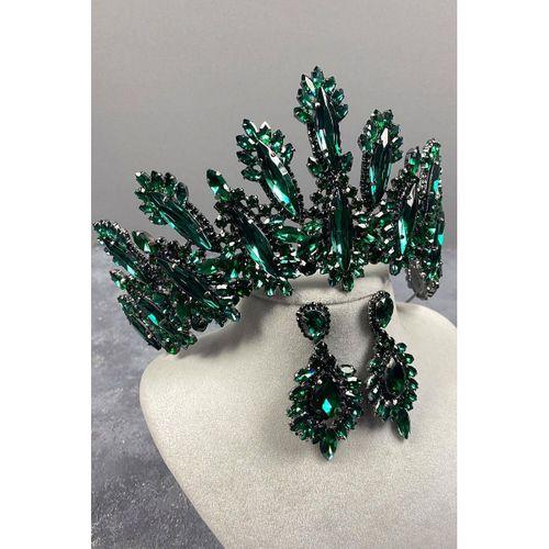 Dalia Yüksek Taşlı Gelin Tacı Mekik Küpe Seti