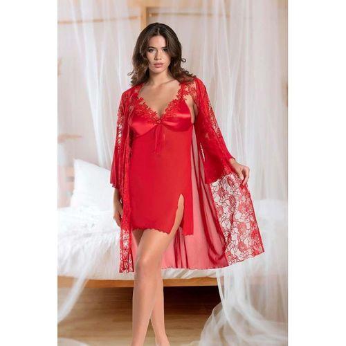 Transparan Dantel İşlemeli Tül Yırtmaçlı 2'li Kırmızı Gecelik Takımı