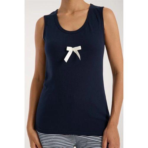 Kadın Lacivert Kurdele Detaylı Çizgili Şortlu Pijama Takımı