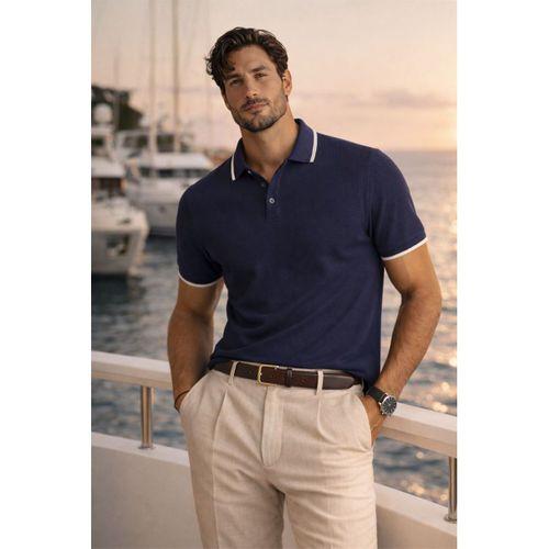 Balzac Yakası Şeritli Düğmeli Polo Yaka Basic Günlük Petek Örgü Triko Erkek T-Shirt - Lacivert