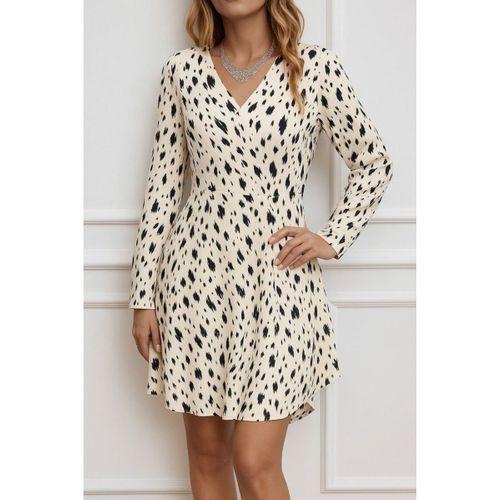 Kadın Uzun Kollu V Yakalı Desenli Kısa Keten Elbise