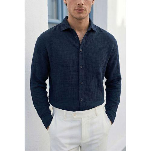 Nefes Alabilir Yarım Oversize Müslin Kumaş Uzun Kol Yakalı Erkek Gömlek - Lacivert