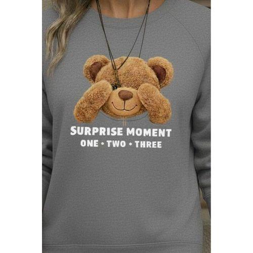 Kadın Uzun Kollu Bisiklet Yaka Ayıcık Desenli Viskon Iki Iplik Bluz