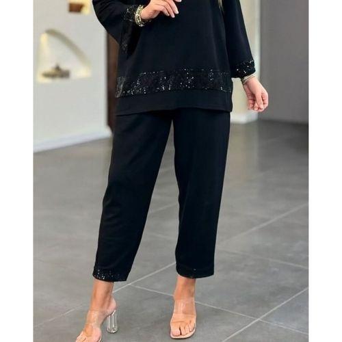 Kadın Uzun Kollu V Yakalı Pulpayet Viskon Iki Iplik Bluz Ve Pantolon Takım