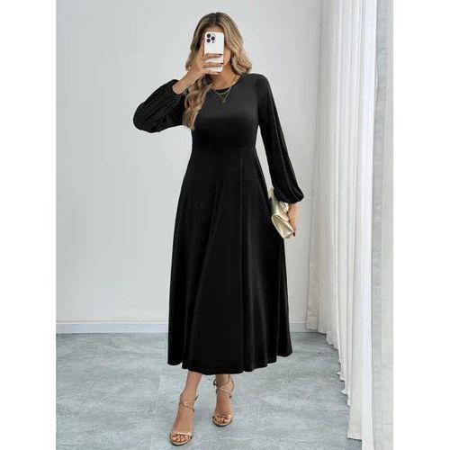 Kadın Uzun Kollu Bisiklet Yaka Midi Kadife Elbise