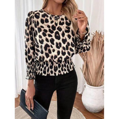 Kadın Uzun Kollu Bisiklet Yaka Leopar Desenli Modal Bluz