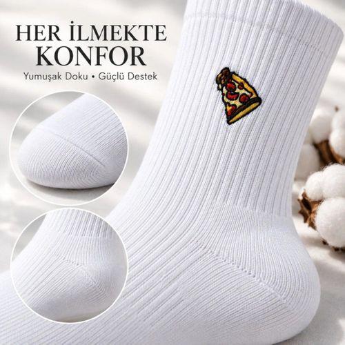 Unisex Çorap Beyaz Nakışlı 3'lü Set Pizza Hotdog Hamburger Desenli Uzun Soket Günlük Spor Çorap Seti