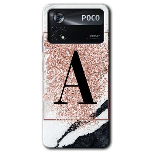 Poco x4 Pro Kılıf HD Desen Baskılı Arka Kapak - Pembe Mermer Desenli A Harfi + Kırılmaz Cam