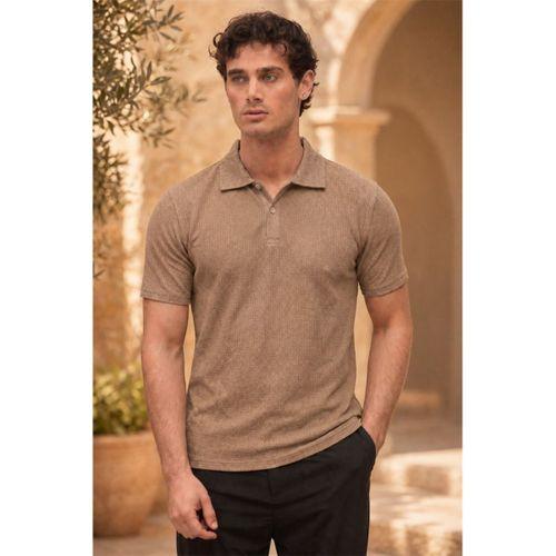 Evenor Kabartma Desenli Polo Yaka Düğmeli Relaxed FitYumuşak İnce Erkek T-Shirt  - Kahve