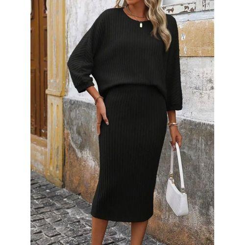 Kadın Uzun Kollu Yuvarlak Yakalı şardonlu Kaşkorse Bluz Ve Etek Ikili Takım