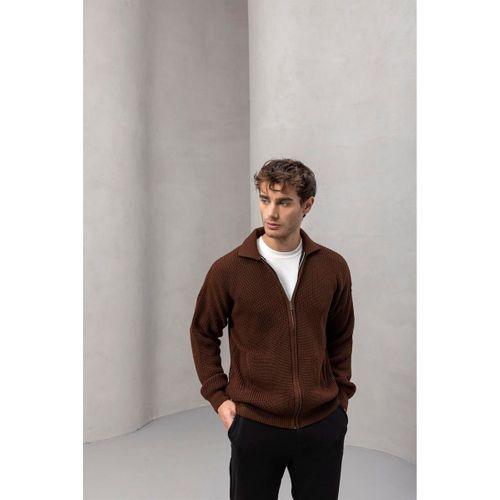 Coppola Selanik Örgü Polo Yaka Cepli Fermuarlı Rahat Kalıp Erkek Triko Hırka - Kahve