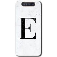 MRCİLETİSİM Samsung Galaxy A80 Kılıf HD Desen Baskılı Arka Kapak + Temperli Cam - Beyaz Mermer Desenli E Harfi