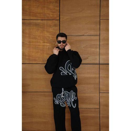 Erkek Kapüşonlu Eşofman Takım Graffiti Baskılı Oversize Rahat Kalıp, Kanguru Cepli, Streetwear Tarzında Premium Ürün 3 Iplik Pamuklu - Siyah